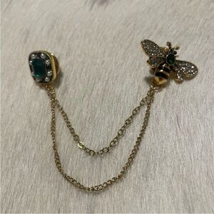 Elegant Gold and Green Bee Brooch Chain & Gold Bee earrings